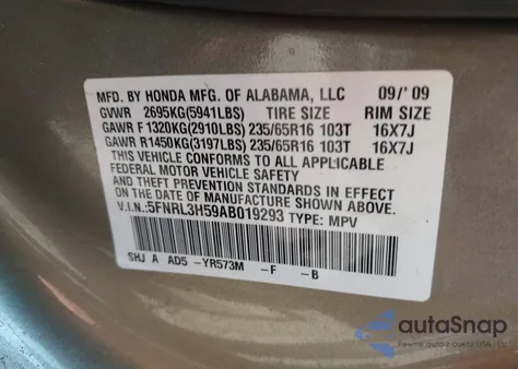 2010 Honda Odyssey Ex z USA, uszkodzony, nr VIN 5FNRL3H59AB019293